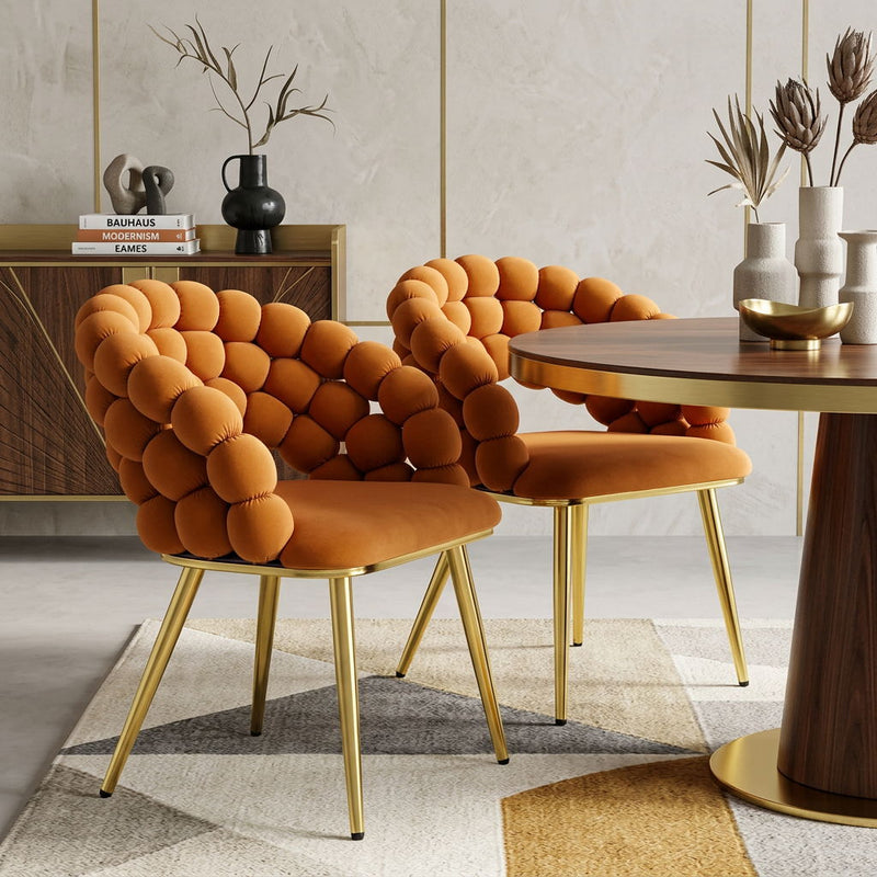 Velvet And Metal Partially Open Back Dining Side Chairs (Set of 2) - Orange / Gold