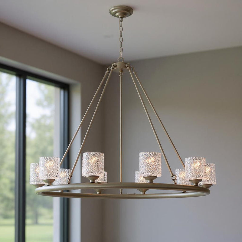 Shaded Ten Light Metal Dimmable Chandelier With Shades - Silver