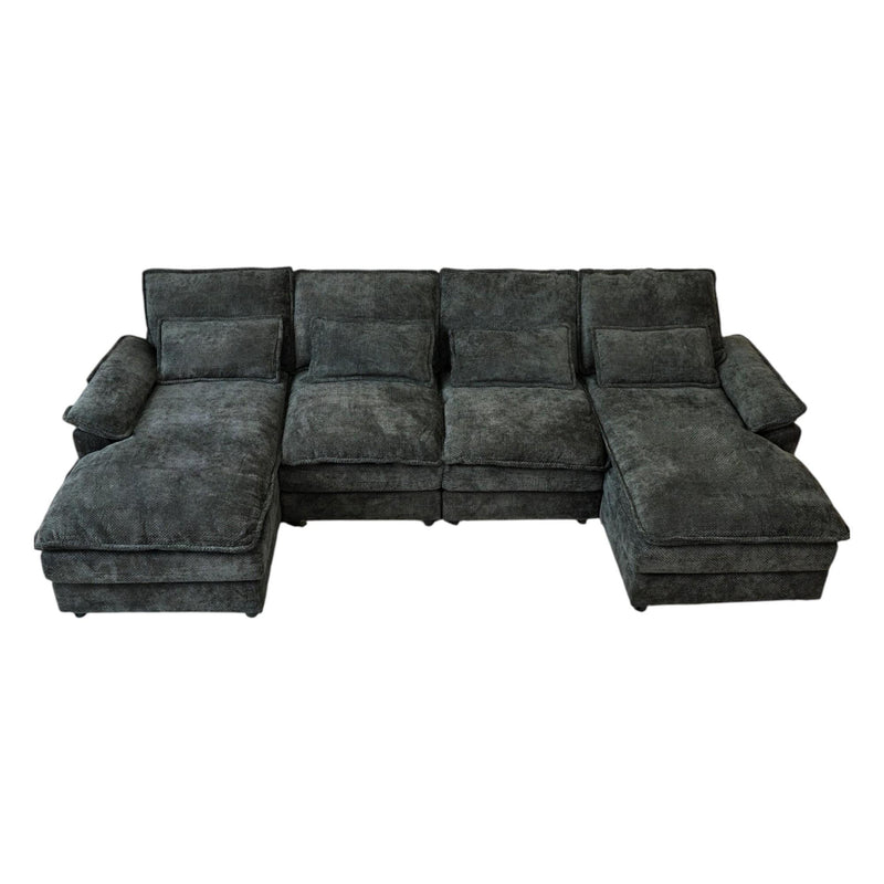 Chenille Modular U Shaped Four Piece Sofa And Chaise Sectional With Console And Toss Pillows - Black