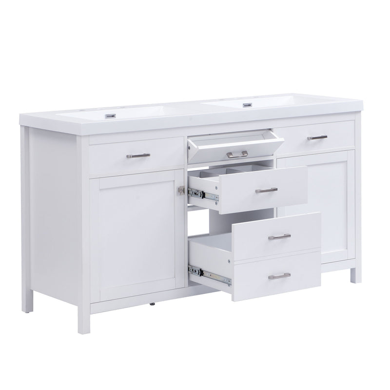 Double Sink Bathroom Vanity With Top, Soft Closing Doors & Drawers, Tip Out Drawer, 2 Cabinet Doors, Adjustable Shelf - White