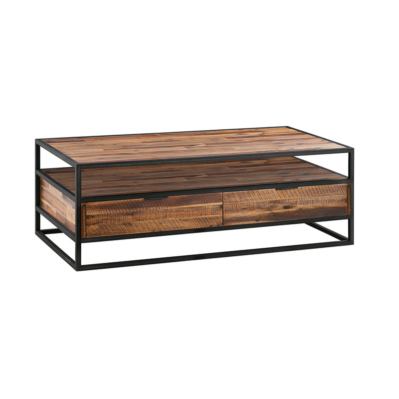 Solid Wood And Metal Coffee Table With Two Drawers And Shelf - Brown And Black