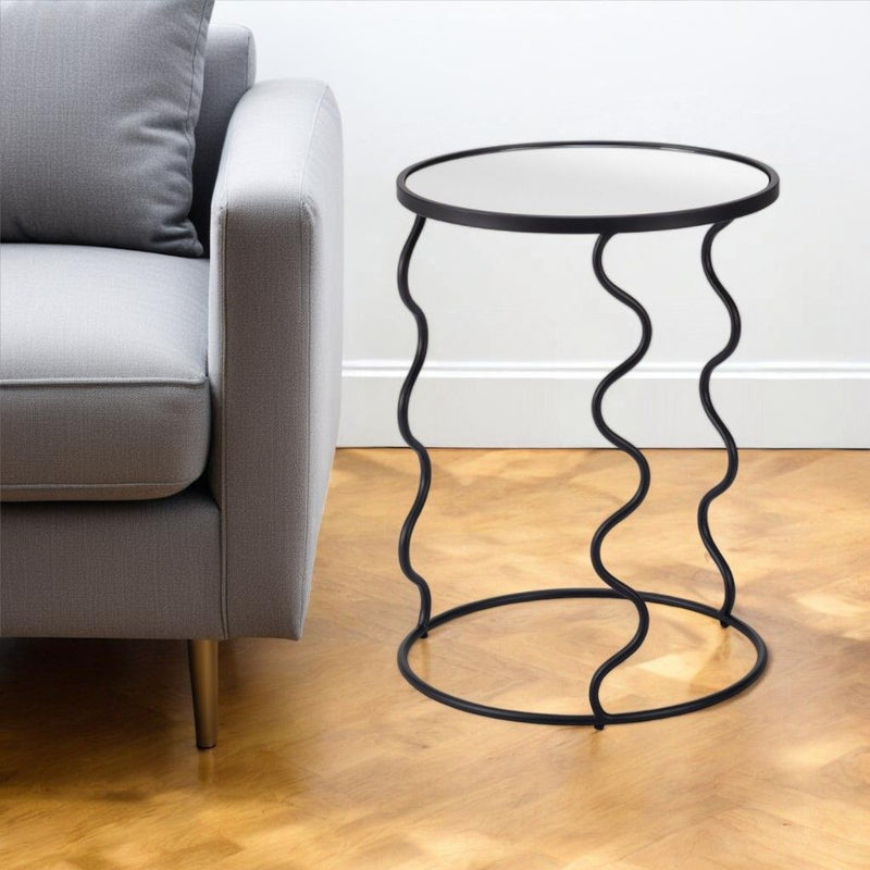 24" Mirro Glass And Steel Round Abstract End Table - Black