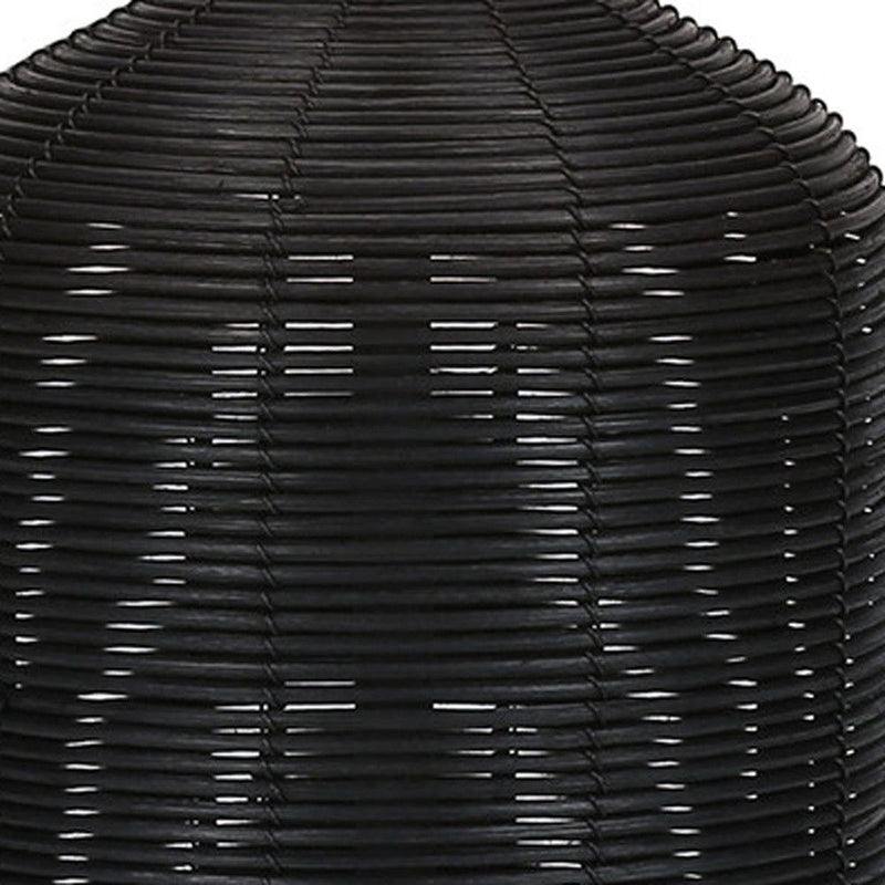 Rattan Round Table Lamp With Ivory Drum Shade - Black