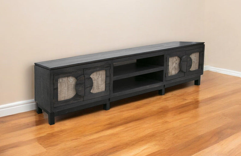 Solid Wood Cabinet Enclosed Storage Distressed TV Stand - Black