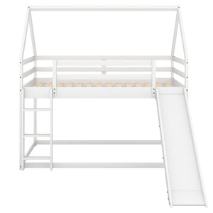 Twin Size Bunk House Bed with Slide and Ladder,White