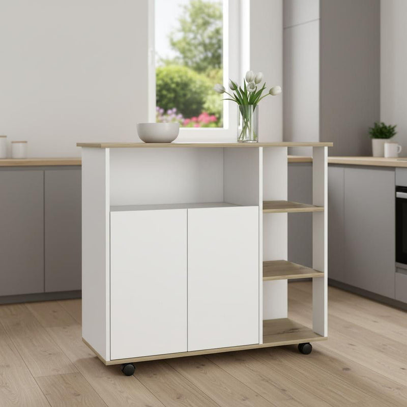 Oak And Wood Rolling Kitchen Island With Storage - White