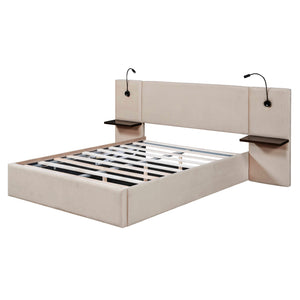 Full Size Storage Upholstered Hydraulic Platform Bed with 2 Shelves, 2 Lights and USB, Beige