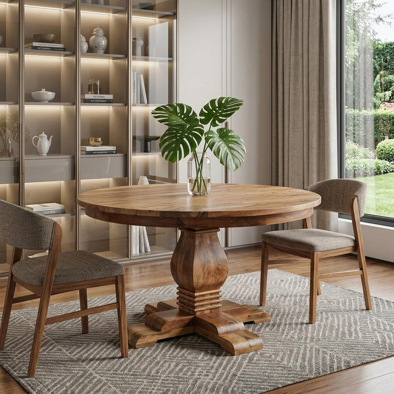 Solid Wood Pedestal Base Round Top Dining Table - Brown