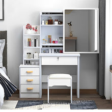 Load image into Gallery viewer, Vanity Desk With Mirror And Lights For Makeup And Chair Set With 3 Adjustable LED Lighting, 4 Drawers - White
