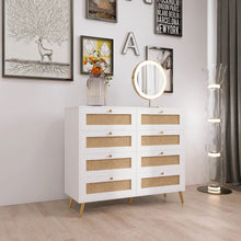 Load image into Gallery viewer, 8 Drawers Chest Of Drawers With Rattan Drawer Face Golden Legs And Handles - White
