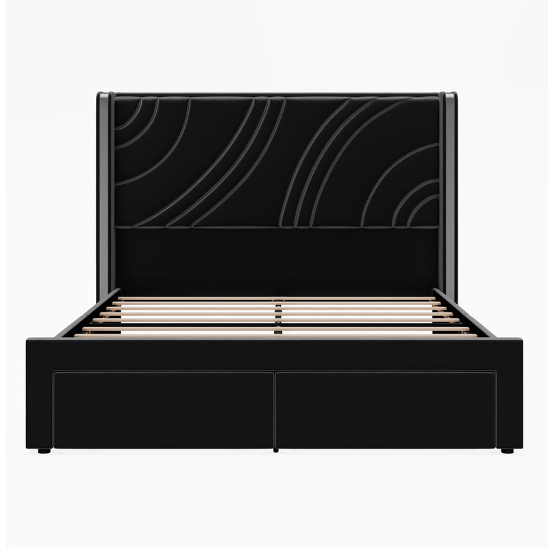 Modern Upholstered LED Bed Frame With Storage Drawers, Wingback Headboard, RGB Light