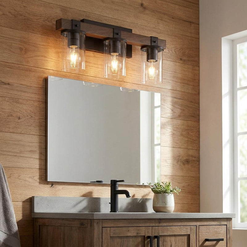 Wood Metal And Glass Three Light Bath Bar Vanity Light - Brown