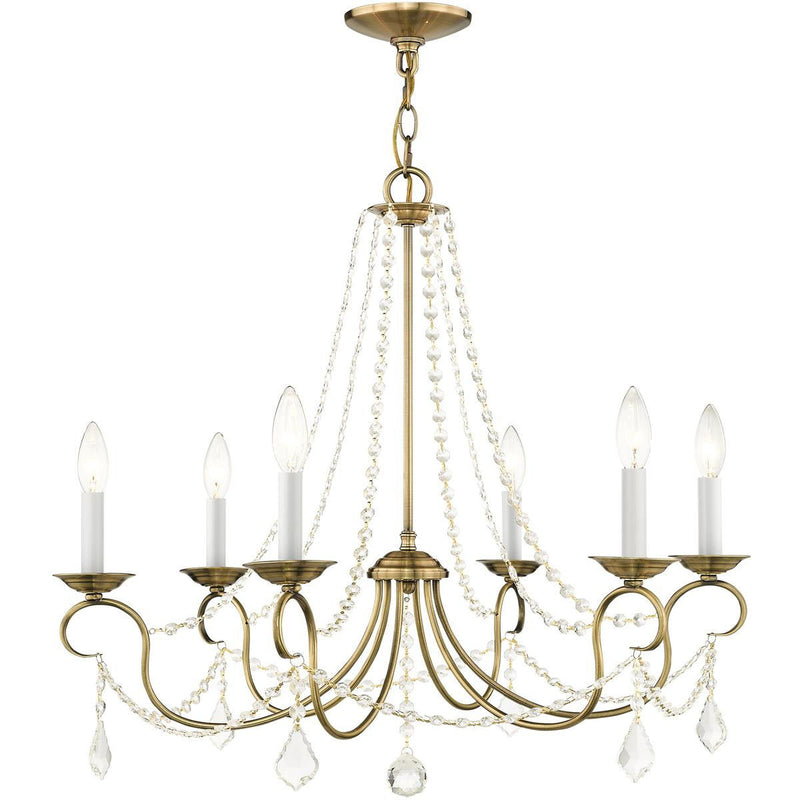 24" Six Light Dimmable Chandelier With Shades - Antiqued Brass