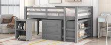 Load image into Gallery viewer, Low Study Full Loft Bed with Cabinet ,Shelves and Rolling Portable Desk ,Multiple Functions Bed- Gray
