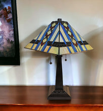 Load image into Gallery viewer, Metal Two Light Candlestick Table Lamp With Blue Empire Shade - Dark Brown
