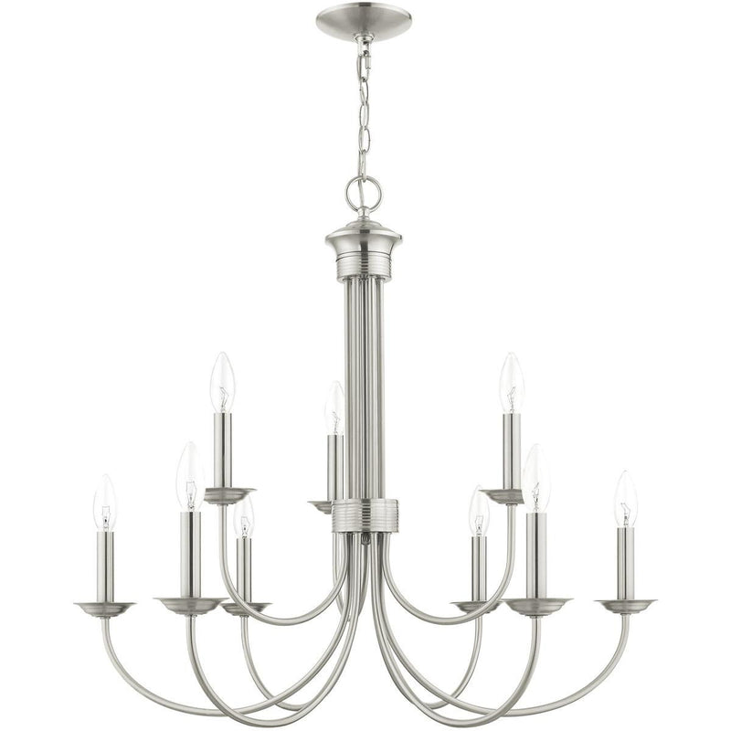 27" Nine Light Dimmable Chandelier With Shades - Nickel
