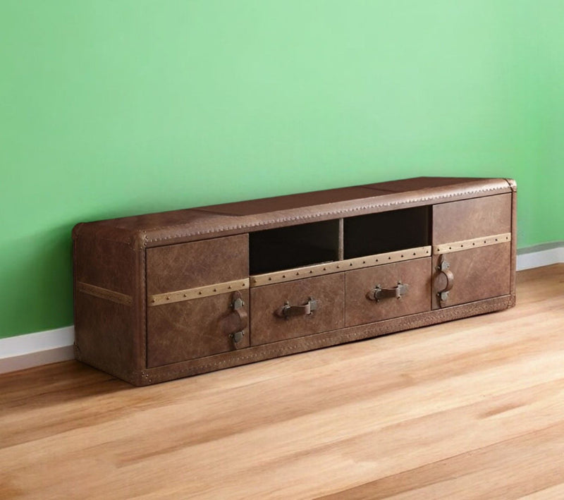 Leather Cabinet Enclosed Storage TV Stand - Brown