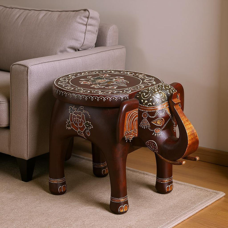 Hand Painted Floral 3D Elephant End Table - Warm Brown