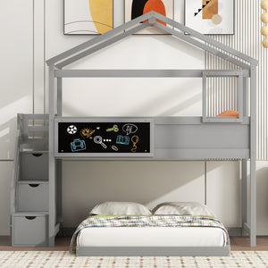 Twin over Full House Bunk Bed with Storage Staircase and Blackboard,Gray(Old SKU: GX001701AAE)