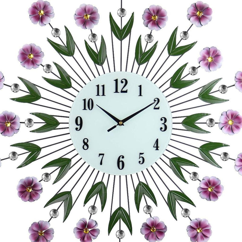 Silent Analog Floral Round Wall Clock - Purple / Green / White