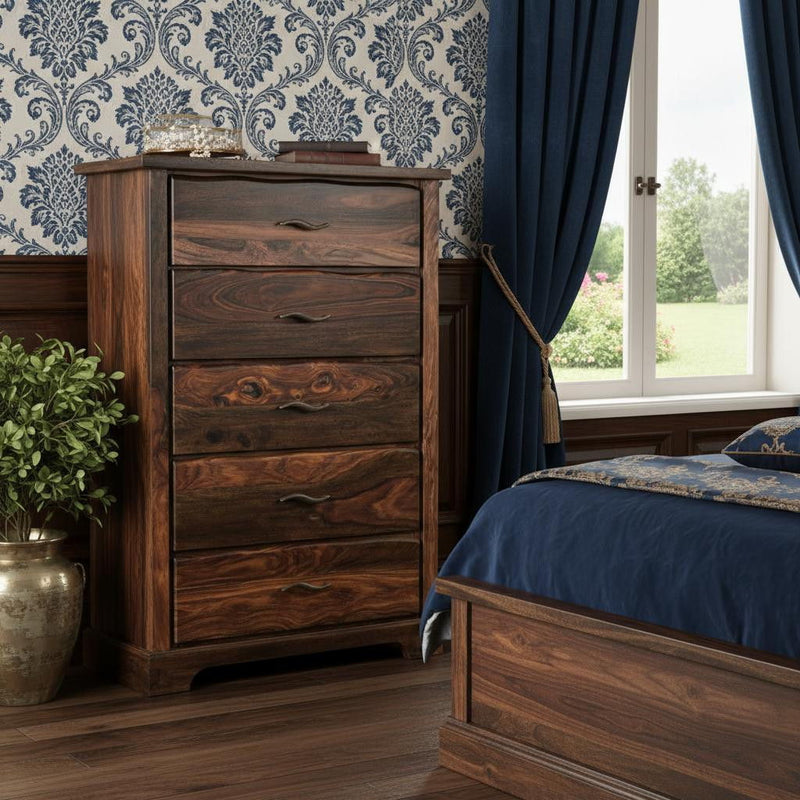 Solid Wood Five Drawer Chest - Dark Brown