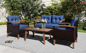 GO 4-Piece Garden Furniture,  Patio Seating Set, PE Rattan Outdoor Sofa Set, Wood Table and Legs, Brown and Blue