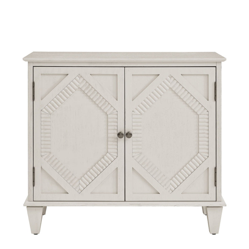 Wood Carved Geometric Accent Cabinet With Two Doors - White