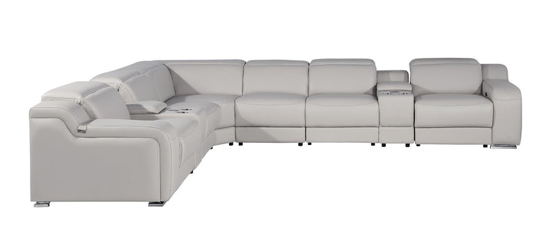 Italian Leather Power Reclining Curved 8 Piece Corner Sectional With Console - Light Gray