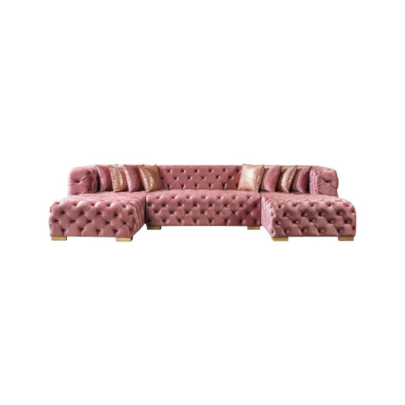 Tufted Velvet Modular U Shaped Sofa Chaise Sectional With Toss Pillows - Pink