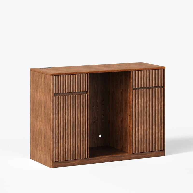 Wood Ribbed Textured Bar Cabinet With Mini Fridge Compartment And USB - Walnut