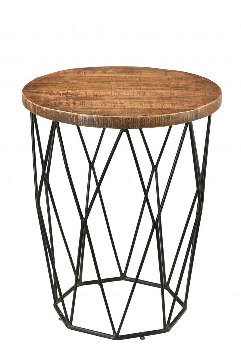 24" Solid Wood And Iron Round End Table - Black And Natural Brown