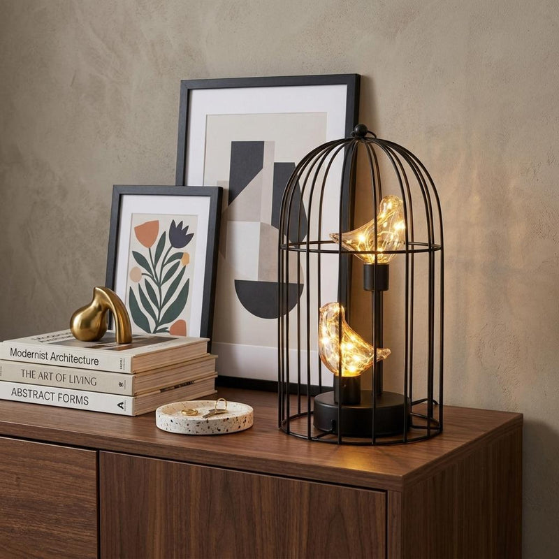 Birds In Cage Battery Operated Desk Lamp - Black