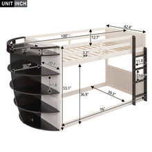 Load image into Gallery viewer, Twin over Twin Boat-Like Shape Bunk Bed with Storage Shelves, Cream+Espresso
