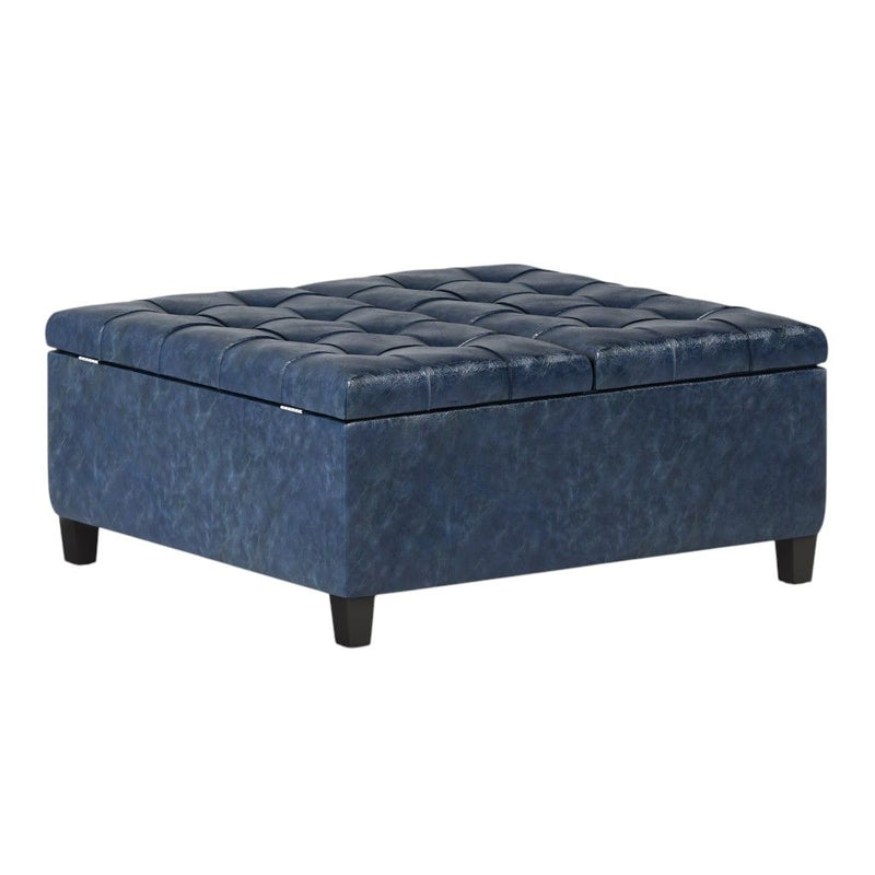 Transitional Leather Cocktail Ottoman With Storage - Blue / Espresso