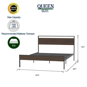 Ceres Metal Bed, Black with Walnut Wood Headboard&Footboard, Queen