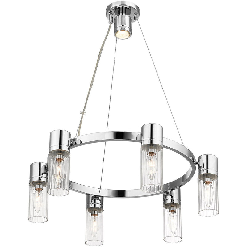 Six Light Metal Dimmable Chandelier With Shades - Silver / Clear