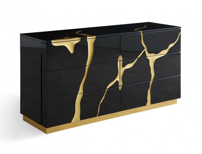 Wood Six Drawer Double Dresser - Black And Gold
