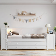 Load image into Gallery viewer, Daybed With Storage Shelves, Drawers, Trundle, Charging Station, LED Light, Desk And Cabinet
