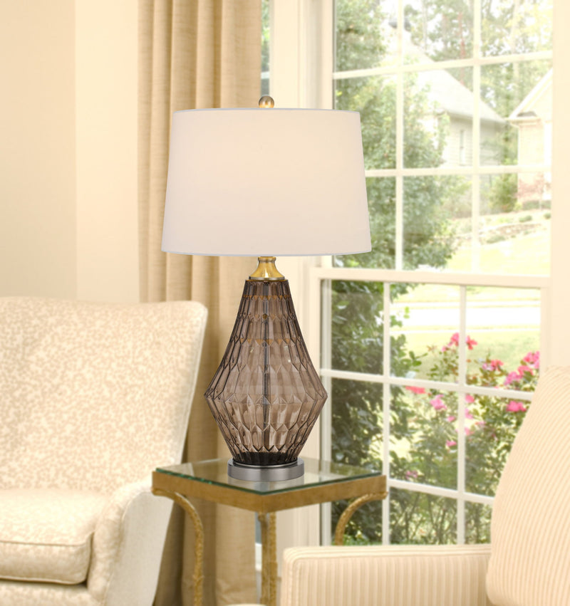 Metal Geometric Table Lamp With Off-White Empire Shade - Gray