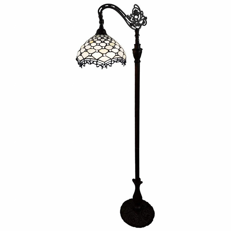 Traditional Shaped Floor Lamp With White Tiffany Glass Bowl Shade - Brown