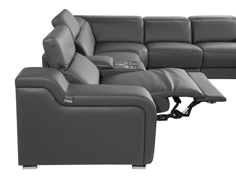 Italian Leather Power Reclining Curved Seven Piece Corner Sectional With Console - Gray
