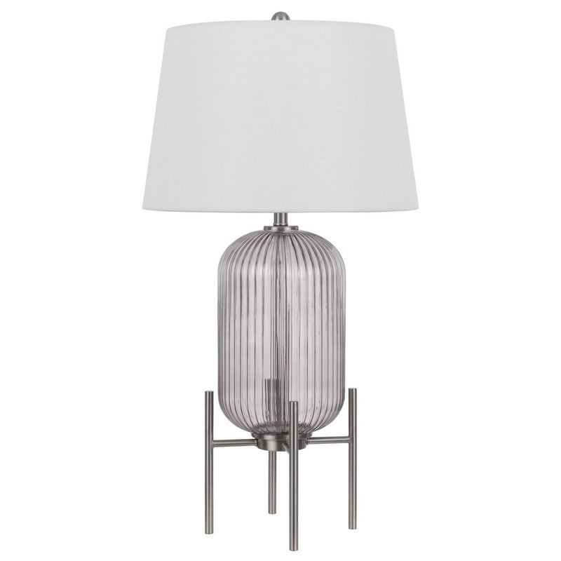 Glass Round Table Lamp With White Empire Shade - Nickel