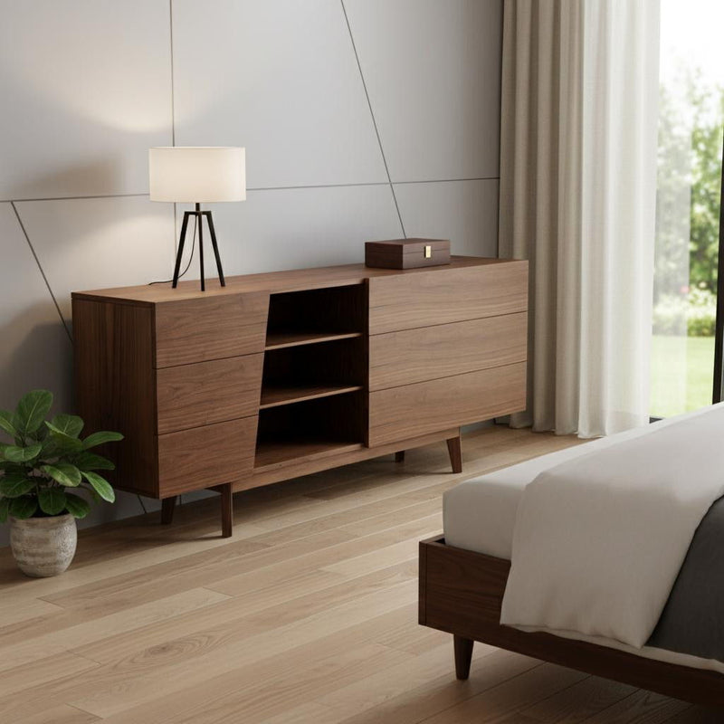 Vintage Style Veneer Six Drawer Dresser - Walnut