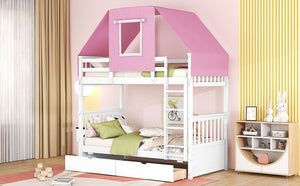 Twin Over Twin Bunk Bed Wood Bed with Tent and Drawers, White+Pink Tent