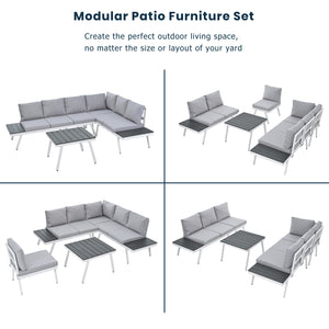 TOPMAX Industrial 5-Piece Aluminum Outdoor Patio Furniture Set, Modern Garden Sectional Sofa Set with End Tables, Coffee Table and Furniture Clips for Backyard, White+Grey