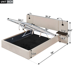 Full Size Storage Upholstered Hydraulic Platform Bed with 2 Shelves, 2 Lights and USB, Beige