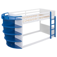 Load image into Gallery viewer, Twin over Twin Boat-Like Shape Bunk Bed with Storage Shelves, White+Blue
