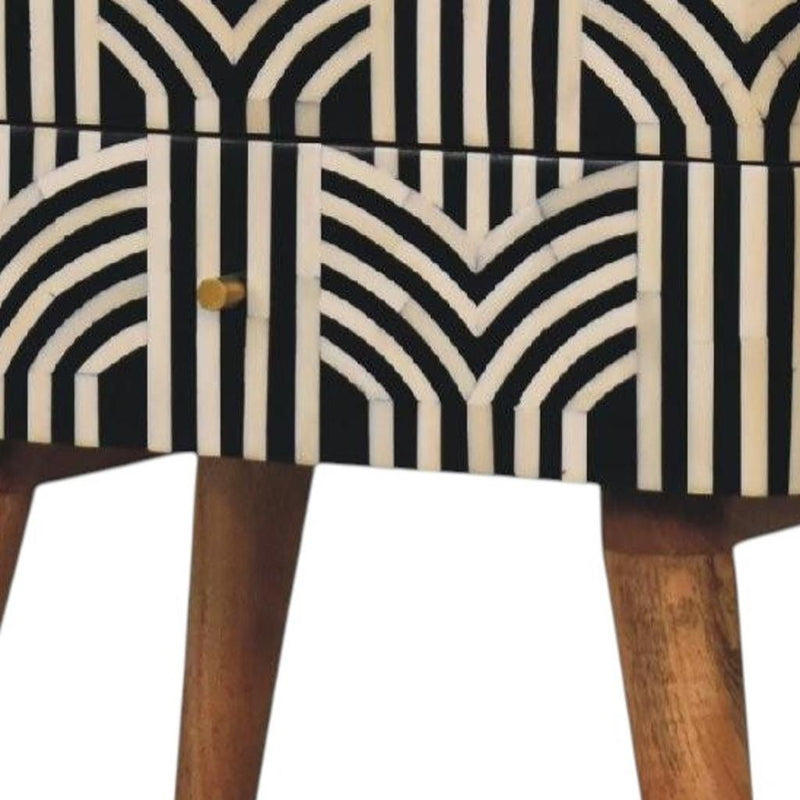 Solid Wood Geometric Bone Inlay Two Drawer Nightstand - Black / Ivory / Natural