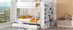 Full over Full Bunk Bed With 2 Drawers and Multi-layer Cabinet, White