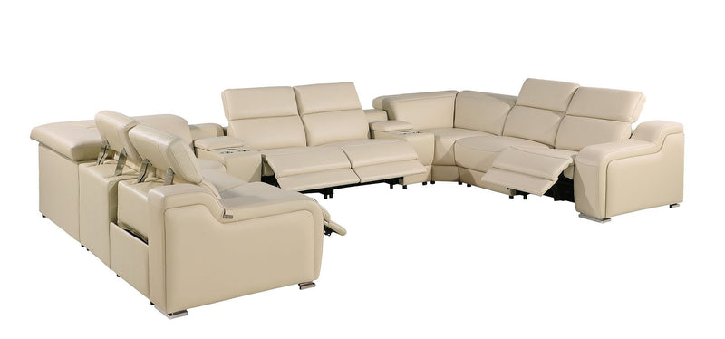 Italian Leather Power Reclining U-Shaped Ten Piece Corner Sectional With Console - Beige